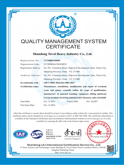 Certificado de Gesti&oacute;n de Calidad de la Industria Pesada de Tavol 