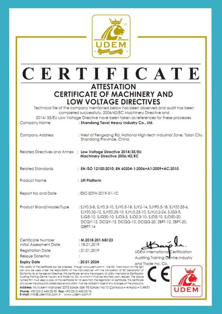  <div style="text-align: center;">Certificado CE de plataforma elevadora</div> 